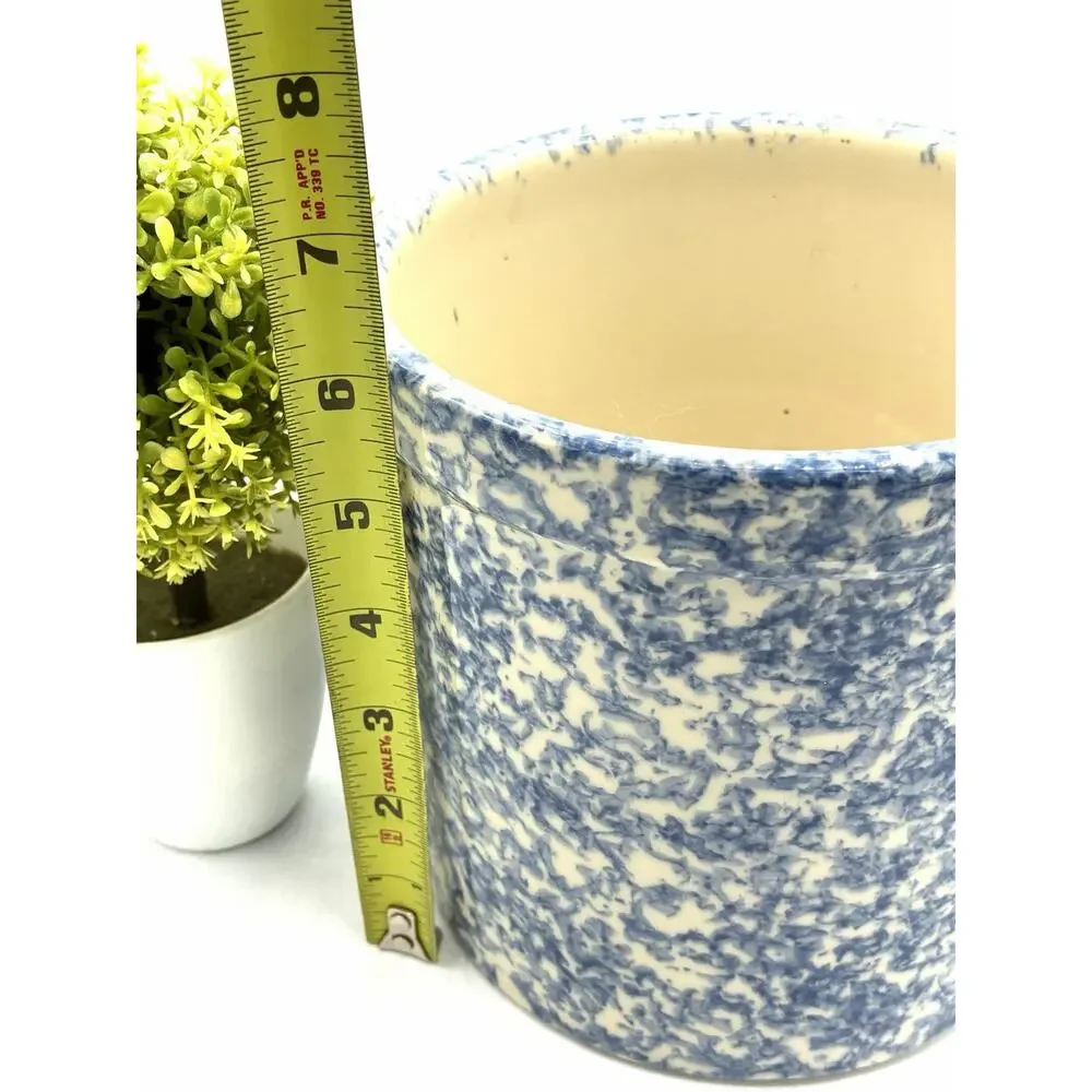 Vintage Blue White Spongeware Crock – Primitive Stoneware Utensil Holder 6 Inch